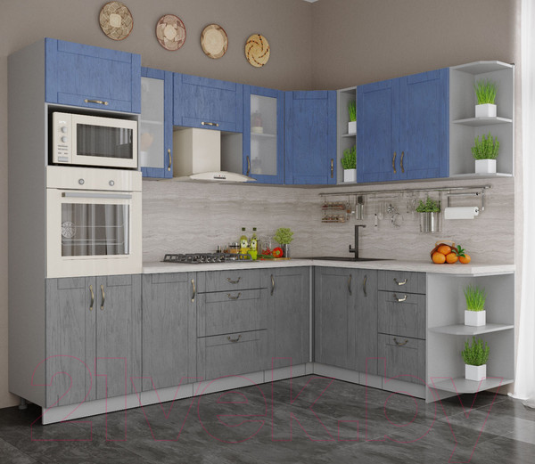 Изображение товара Кухонный гарнитур Интерлиния Мила Крафт 1.88x2.6 правая (дуб серый/дуб лазурный/травертин серый)