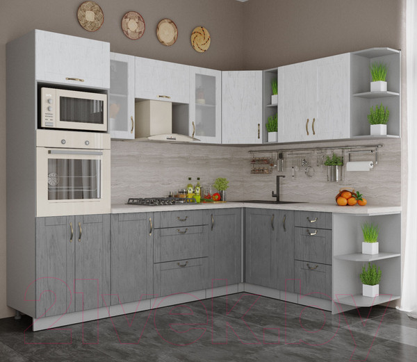 Изображение товара Кухонный гарнитур Интерлиния Мила Крафт 1.88x2.6 правая (дуб серый/дуб полярный/травертин серый)