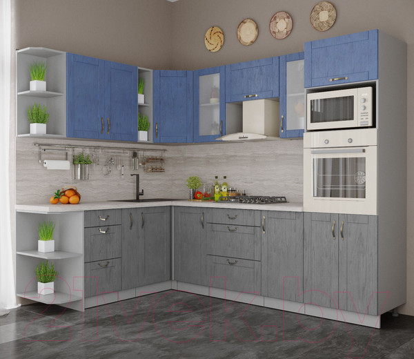 Изображение товара Кухонный гарнитур Интерлиния Мила Крафт 1.88x2.6 левая (дуб серый/дуб лазурный/травертин серый)