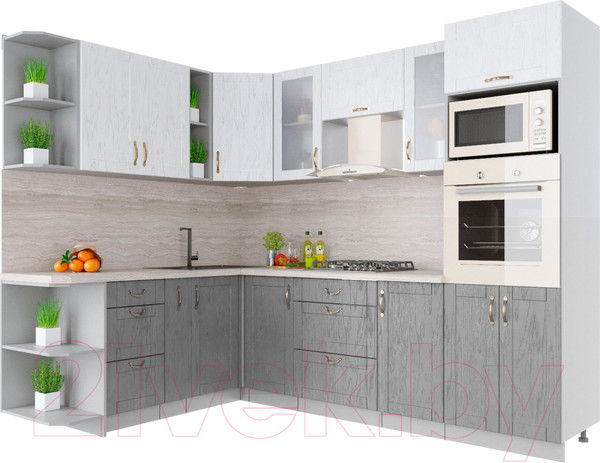 Изображение товара Кухонный гарнитур Интерлиния Мила Крафт 1.88x2.6 левая (дуб серый/дуб полярный/травертин серый)