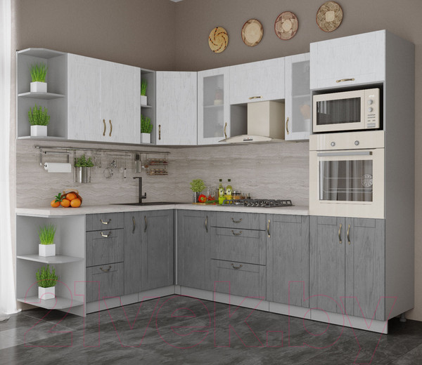 Изображение товара Кухонный гарнитур Интерлиния Мила Крафт 1.88x2.6 левая (дуб серый/дуб полярный/травертин серый)