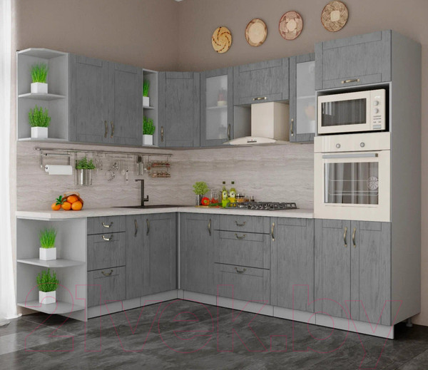 Изображение товара Кухонный гарнитур Интерлиния Мила Крафт 1.88x2.6 левая (дуб серый/дуб серый/травертин серый)