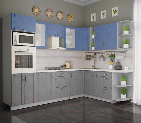 Изображение товара Кухонный гарнитур Интерлиния Мила Крафт 1.88x2.8 правая (дуб серый/дуб лазурный/травертин серый)