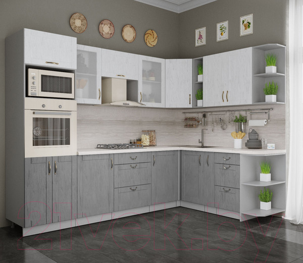 Изображение товара Кухонный гарнитур Интерлиния Мила Крафт 1.88x2.8 правая (дуб серый/дуб полярный/травертин серый)