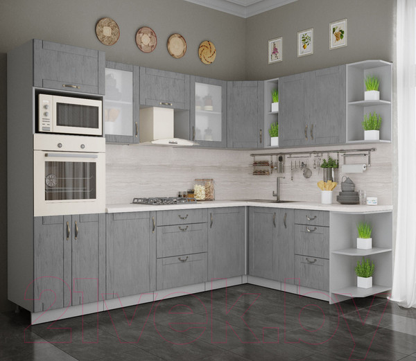 Изображение товара Кухонный гарнитур Интерлиния Мила Крафт 1.88x2.8 правая (дуб серый/дуб серый/травертин серый)