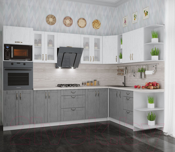 Изображение товара Кухонный гарнитур Интерлиния Мила Крафт 1.88x3.0 правая (дуб серый/дуб полярный/травертин серый)