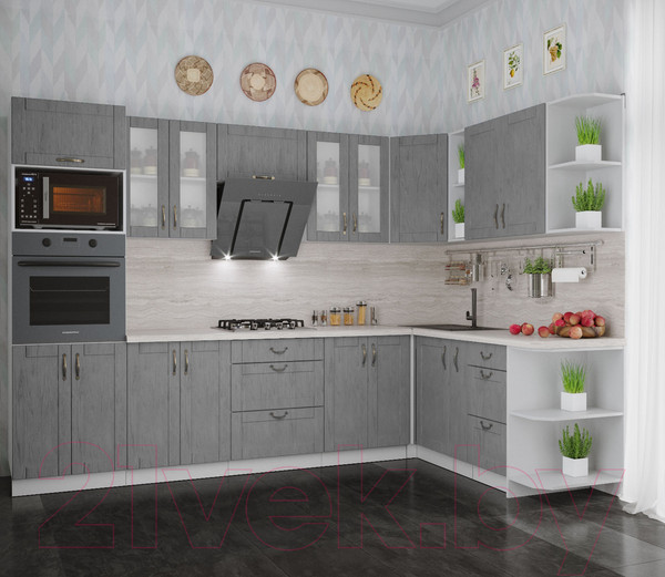 Изображение товара Кухонный гарнитур Интерлиния Мила Крафт 1.88x3.0 правая (дуб серый/дуб серый/травертин серый)