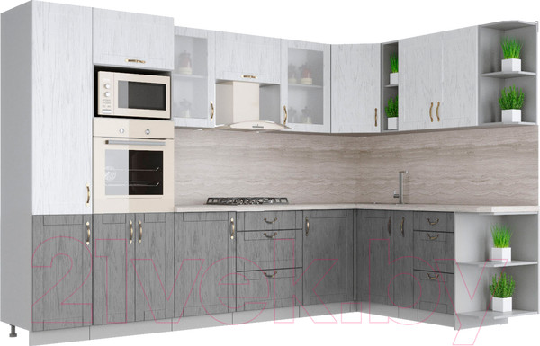 Изображение товара Кухонный гарнитур Интерлиния Мила Крафт 1.88x3.2 правая (дуб серый/дуб полярный/травертин серый)