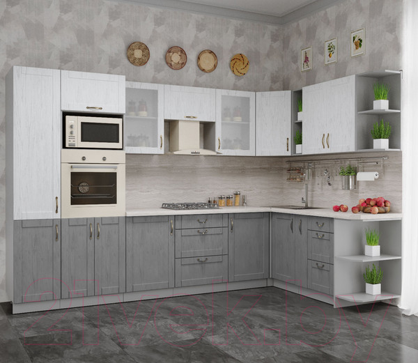 Изображение товара Кухонный гарнитур Интерлиния Мила Крафт 1.88x3.2 правая (дуб серый/дуб полярный/травертин серый)