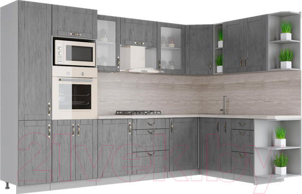 Изображение товара Кухонный гарнитур Интерлиния Мила Крафт 1.88x3.2 правая (дуб серый/дуб серый/травертин серый)