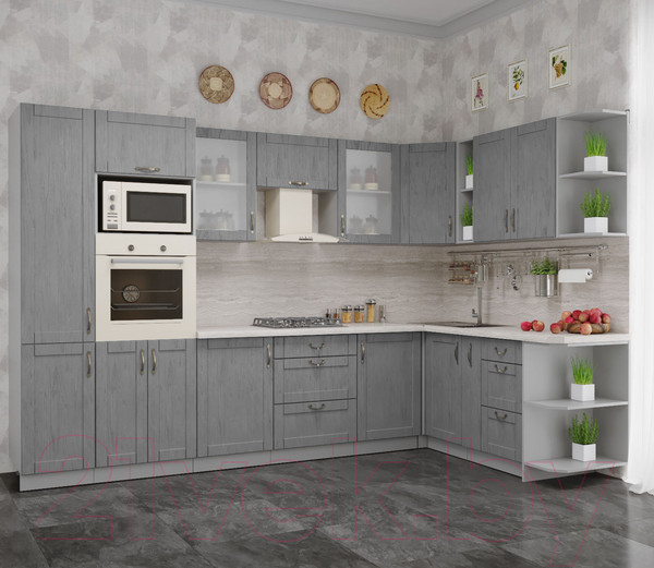 Изображение товара Кухонный гарнитур Интерлиния Мила Крафт 1.88x3.2 правая (дуб серый/дуб серый/травертин серый)
