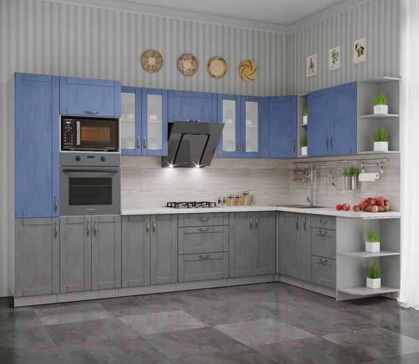 Изображение товара Кухонный гарнитур Интерлиния Мила Крафт 1.88x3.4 правая (дуб серый/дуб лазурный/травертин серый)