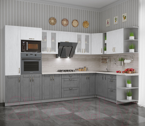 Изображение товара Кухонный гарнитур Интерлиния Мила Крафт 1.88x3.4 правая (дуб серый/дуб полярный/травертин серый)
