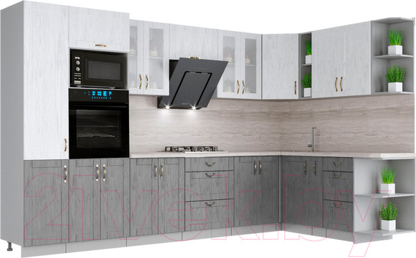 Изображение товара Кухонный гарнитур Интерлиния Мила Крафт 1.88x3.4 правая (дуб серый/дуб полярный/травертин серый)