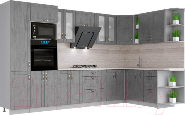 Изображение товара Кухонный гарнитур Интерлиния Мила Крафт 1.88x3.4 правая (дуб серый/дуб серый/травертин серый)