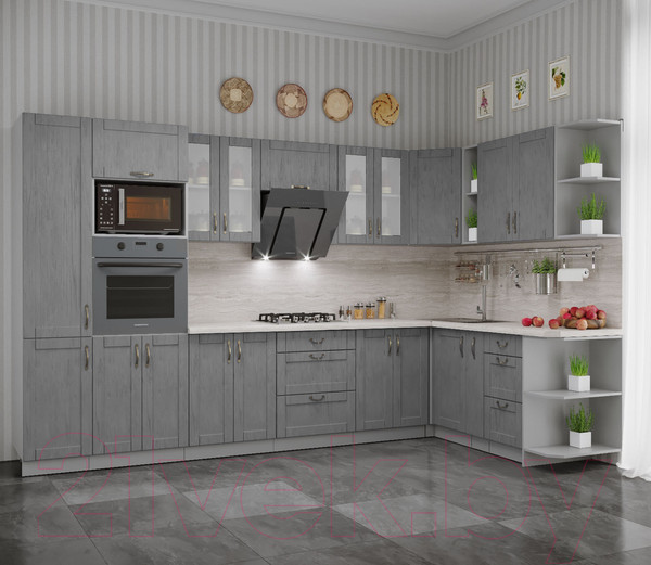 Изображение товара Кухонный гарнитур Интерлиния Мила Крафт 1.88x3.4 правая (дуб серый/дуб серый/травертин серый)