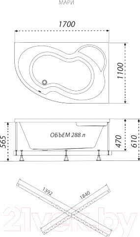 Изображение товара Ванна акриловая Triton Мари 170x110 R Люкс (с гидромассажем)