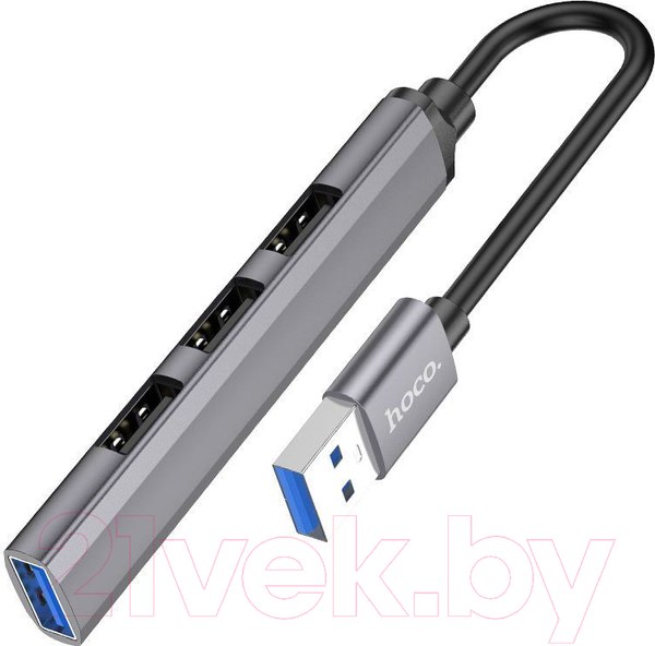 Изображение товара USB-хаб Hoco HB26 4 в 1 USB - USB3.0+USB2.0x3 (металический серый)