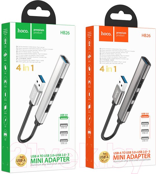 Изображение товара USB-хаб Hoco HB26 4 в 1 USB - USB3.0+USB2.0x3 (металический серый)