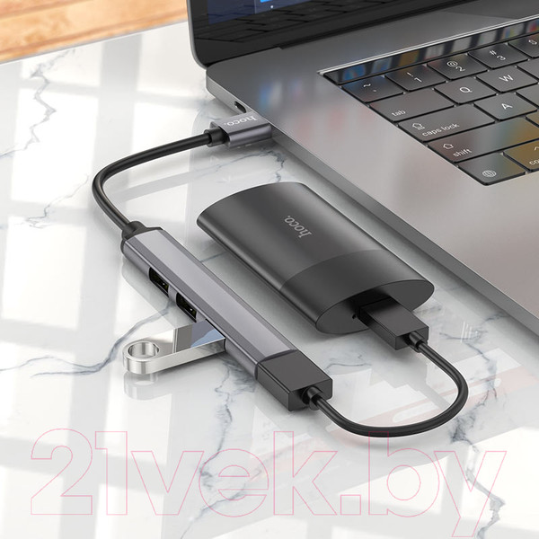 Изображение товара USB-хаб Hoco HB26 4 в 1 USB - USB3.0+USB2.0x3 (металический серый)