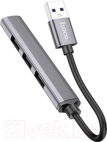 Изображение товара USB-хаб Hoco HB26 4 в 1 USB - USB3.0+USB2.0x3 (металический серый)