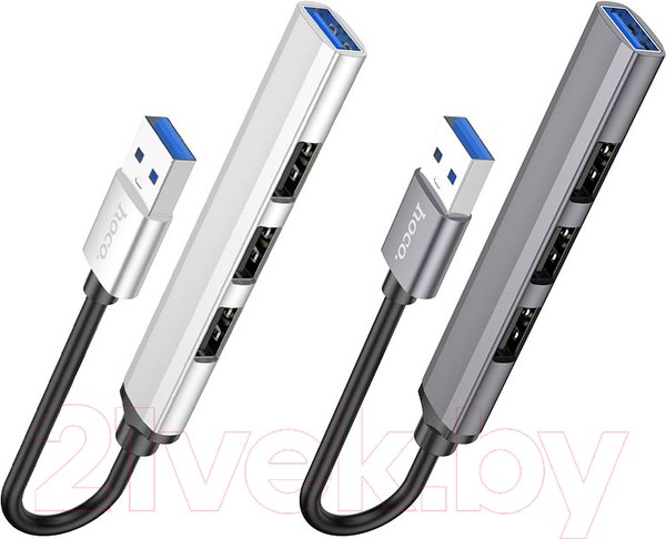Изображение товара USB-хаб Hoco HB26 4 в 1 USB - USB3.0+USB2.0x3 (металический серый)