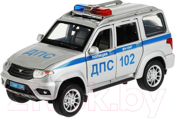 Изображение товара Масштабная модель автомобиля Технопарк UAZ Патриот Полиция / PATRIOT-124SL-POL-GY
