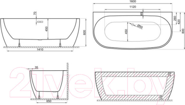 Изображение товара Ванна акриловая Polimat Risa 160x80 / 00477