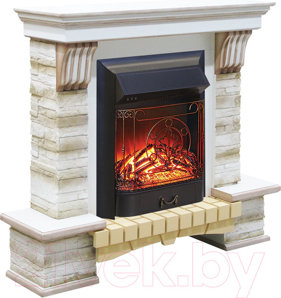 Изображение товара Каминокомплект Смолком Stone Montebello + Majestic-s LUX BL LT (белый ваниль/патина коричневая)