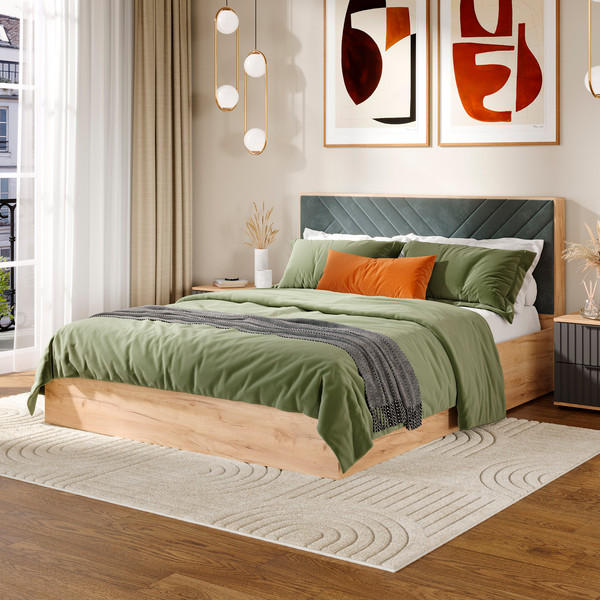 Изображение товара Двуспальная кровать ТриЯ Хилтон универсальная тип 1 с ПМ 160x200 (дуб крафт золотой/велюр серый)