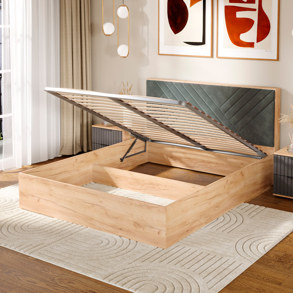 Изображение товара Двуспальная кровать ТриЯ Хилтон универсальная тип 1 с ПМ 160x200 (дуб крафт золотой/велюр серый)