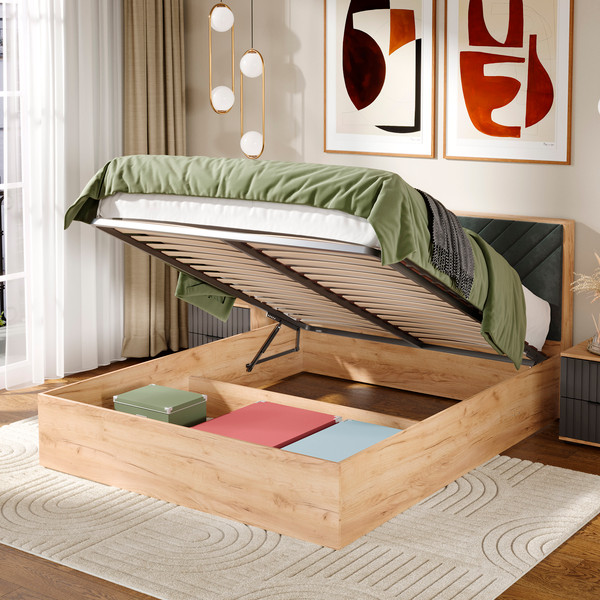 Изображение товара Двуспальная кровать ТриЯ Хилтон универсальная тип 1 с ПМ 160x200 (дуб крафт золотой/велюр серый)