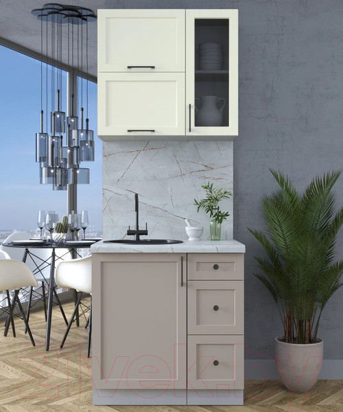 Изображение товара Кухонный гарнитур Интерлиния Тренд 0.8Б (луна/белый/серый каспий)