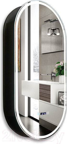 Изображение товара Шкаф с зеркалом для ванной Silver Mirrors Soho-Black 500x1000 / LED-00002612 (с часам, подогревом)