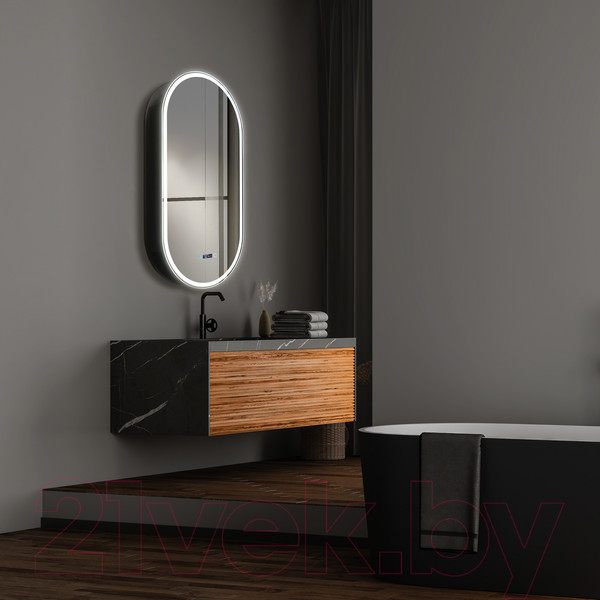 Изображение товара Шкаф с зеркалом для ванной Silver Mirrors Soho-Black 500x1000 / LED-00002612 (с часам, подогревом)