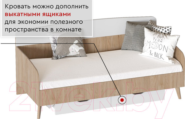 Изображение товара Кровать-тахта Мебельград Калгари 90x200 (дуб натуральный светлый/белый матовый)