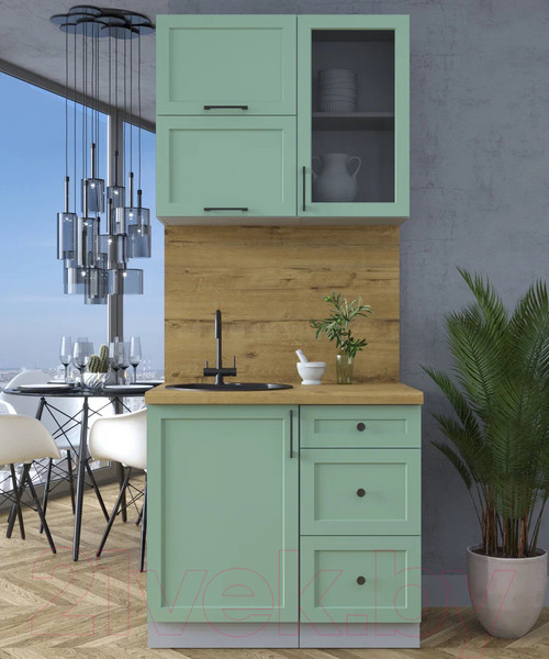 Изображение товара Кухонный гарнитур Интерлиния Тренд 0.9Б (мята/мята/дуб бунратти)