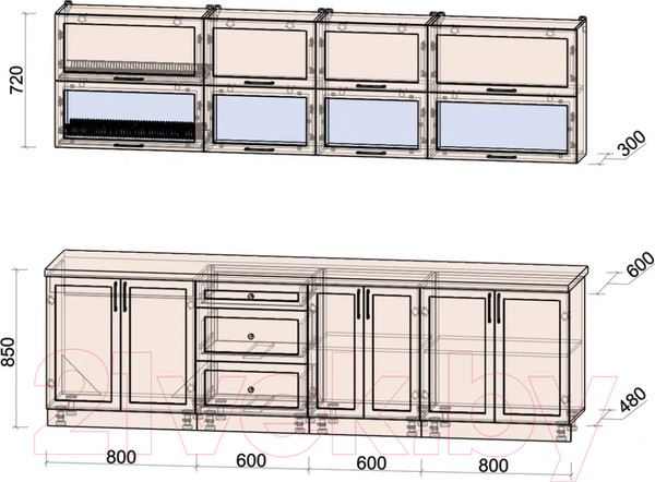 Изображение товара Кухонный гарнитур Интерлиния Тренд 2.8Б (мята/мята/дуб бунратти)