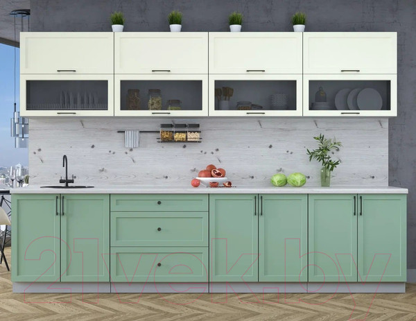 Изображение товара Кухонный гарнитур Интерлиния Тренд 3.2Б (мята/белый/бискайская сосна)
