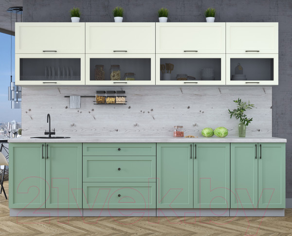 Изображение товара Кухонный гарнитур Интерлиния Тренд 3.0Б (мята/белый/бискайская сосна)