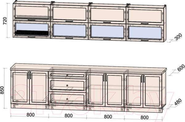Изображение товара Кухонный гарнитур Интерлиния Тренд 3.2Б (луна/луна/бискайская сосна)