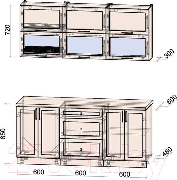 Изображение товара Кухонный гарнитур Интерлиния Тренд 1.8Б (луна/луна/бискайская сосна)