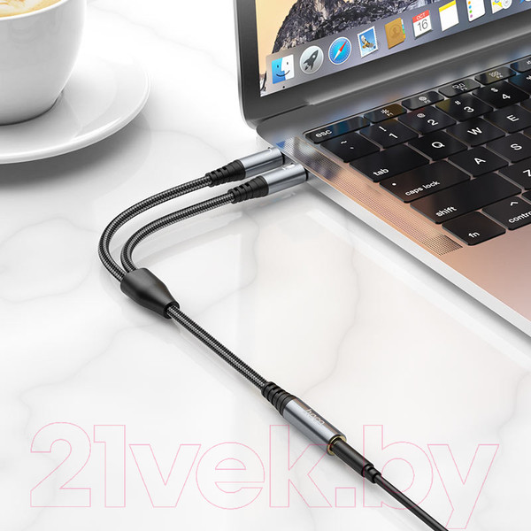 Изображение товара Кабель Hoco UPA21 2в1 Jack 2 вилки - Jack розетка (0.25м, металлик)
