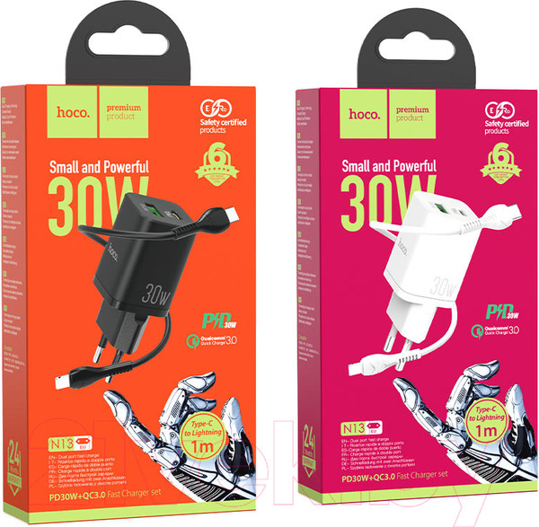 Изображение товара Зарядное устройство сетевое Hoco N13 + кабель Type-C to Lightning (белый)