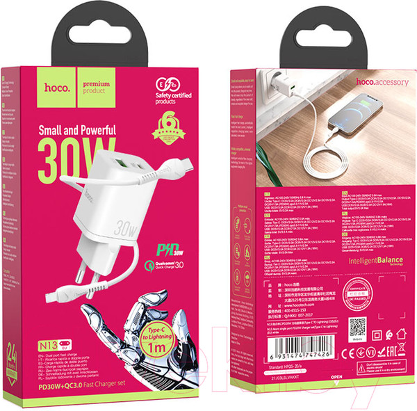 Изображение товара Зарядное устройство сетевое Hoco N13 + кабель Type-C to Lightning (белый)