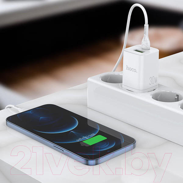 Изображение товара Зарядное устройство сетевое Hoco N13 + кабель Type-C to Lightning (белый)