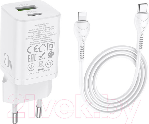 Изображение товара Зарядное устройство сетевое Hoco N13 + кабель Type-C to Lightning (белый)