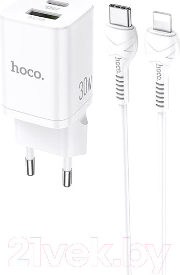Изображение товара Зарядное устройство сетевое Hoco N13 + кабель Type-C to Lightning (белый)
