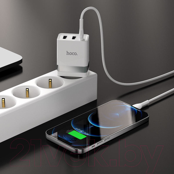 Изображение товара Зарядное устройство сетевое Hoco N21 + кабель Type-C to Lightning (белый)
