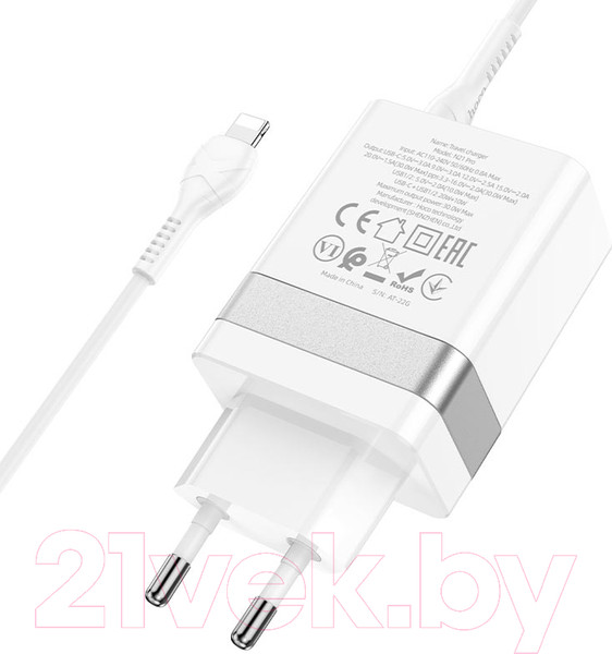 Изображение товара Зарядное устройство сетевое Hoco N21 + кабель Type-C to Lightning (белый)